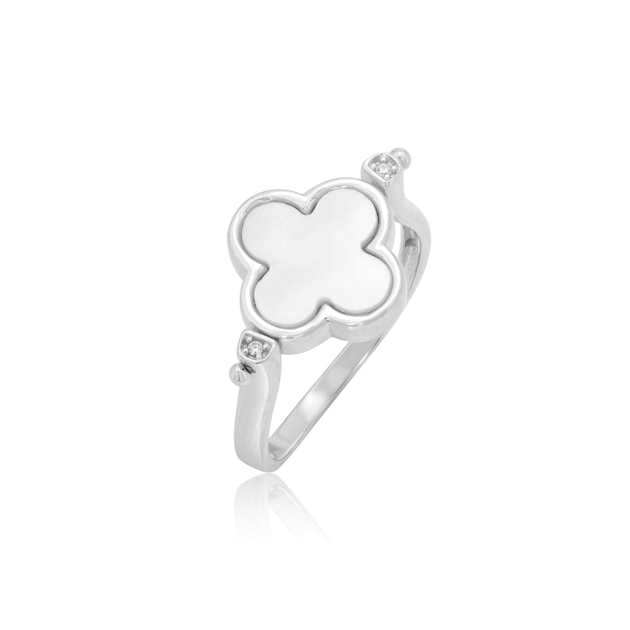 Rhodium Plated 925 Sterling Silver Four Leaf Clover Mother of Pearl and Honeycomb Flip Ring - GMR00444