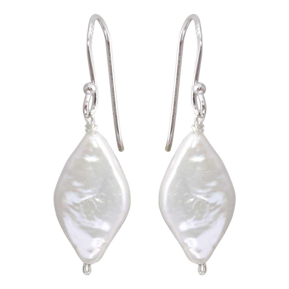 Rhodium Plated 925 Sterling Silver Fish Hook Diamond Shape Dangling Pearl Earrings - PJE00007