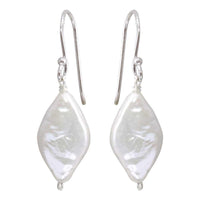 Rhodium Plated 925 Sterling Silver Fish Hook Diamond Shape Dangling Pearl Earrings - PJE00007