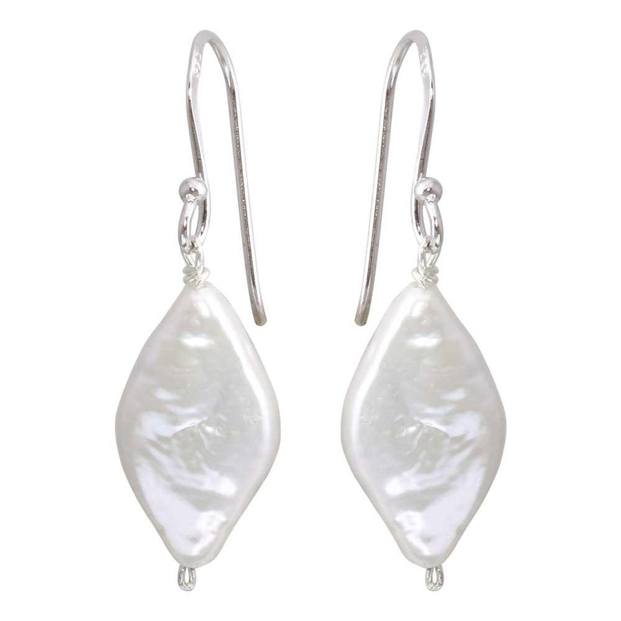 Rhodium Plated 925 Sterling Silver Fish Hook Diamond Shape Dangling Pearl Earrings - PJE00007