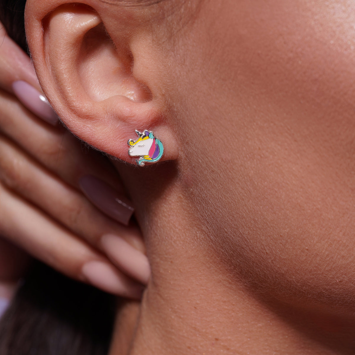 High Polished 925 Silver Multi Color Enamel Unicorn Head Earrings - SIL00008