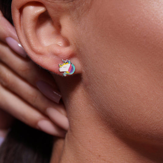 High Polished 925 Silver Multi Color Enamel Unicorn Head Earrings - SIL00008