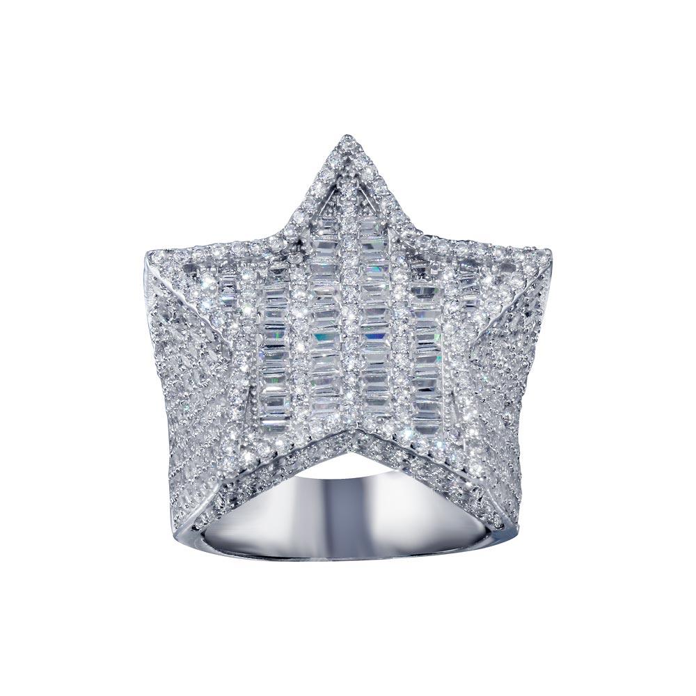 Rhodium Plated 925 Sterling Silver CZ Encrusted Star Ring  - SLR00002