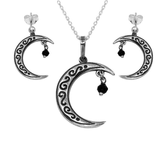 Oxidized 925 Sterling Silver Designed Crescent With Hanging Black CZ Set - SOS00001