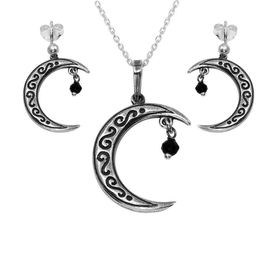 Oxidized 925 Sterling Silver Designed Crescent With Hanging Black CZ Set - SOS00001