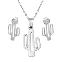 Rhodium Plated 925 Sterling Silver Outline Cactus Set - SOS00006