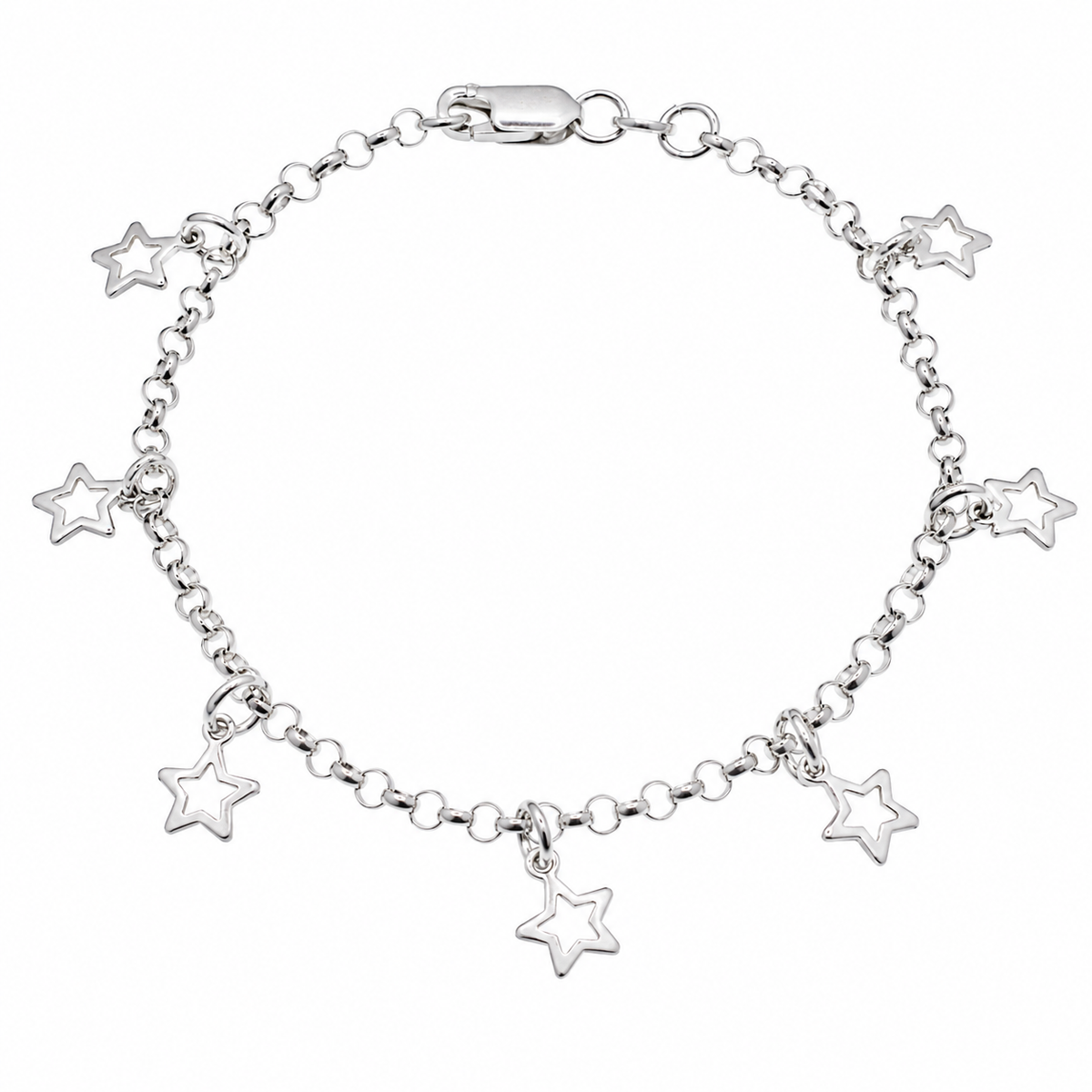 Clearance - High Polish 925 Silver Multi Cutout Star Charm Bracelet- SPB00041