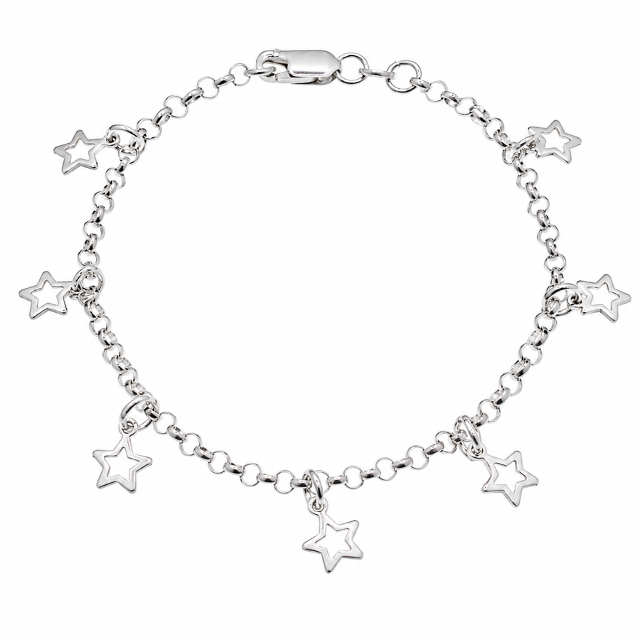 Clearance - High Polish 925 Silver Multi Cutout Star Charm Bracelet- SPB00041