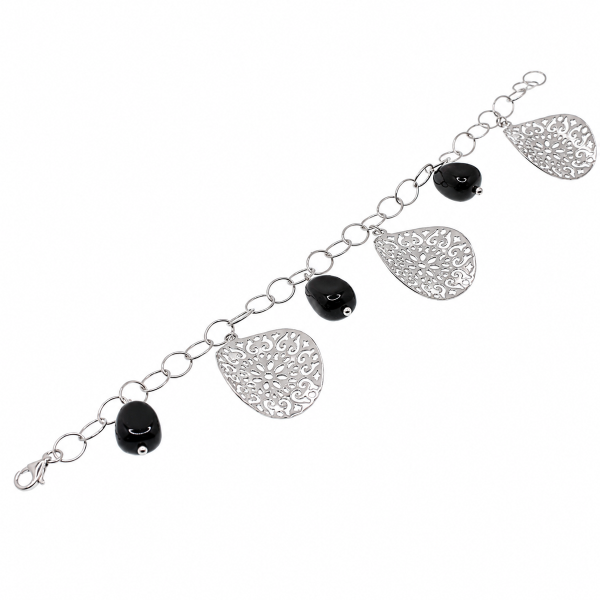 Clearance - Rhodium Plated 925 Silver Onyx & Warped Floral Disc Charm Bracelet- SPB00042