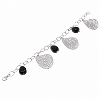 Clearance - Rhodium Plated 925 Silver Onyx & Warped Floral Disc Charm Bracelet- SPB00042