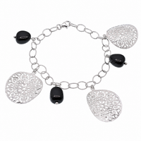 Clearance - Rhodium Plated 925 Silver Onyx & Warped Floral Disc Charm Bracelet- SPB00042