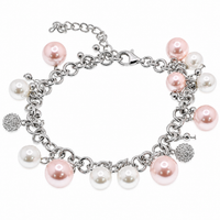 Clearance - Rhodium Plated 925 Silver White & Pink Multi Pearl & CZ Charm Bracelet- SPB00043