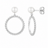 Rhodium Plated 925 Sterling Silver Simulated Pearl & Beaded Open Circle Earrings- SPE00038