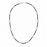Gold Plated 925 Sterling Silver Grey Pearl &  Black Rubber Spacer Necklace - SPN00044