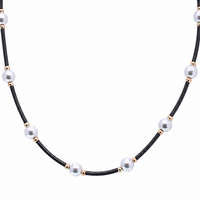 Gold Plated 925 Sterling Silver Grey Pearl &  Black Rubber Spacer Necklace - SPN00044
