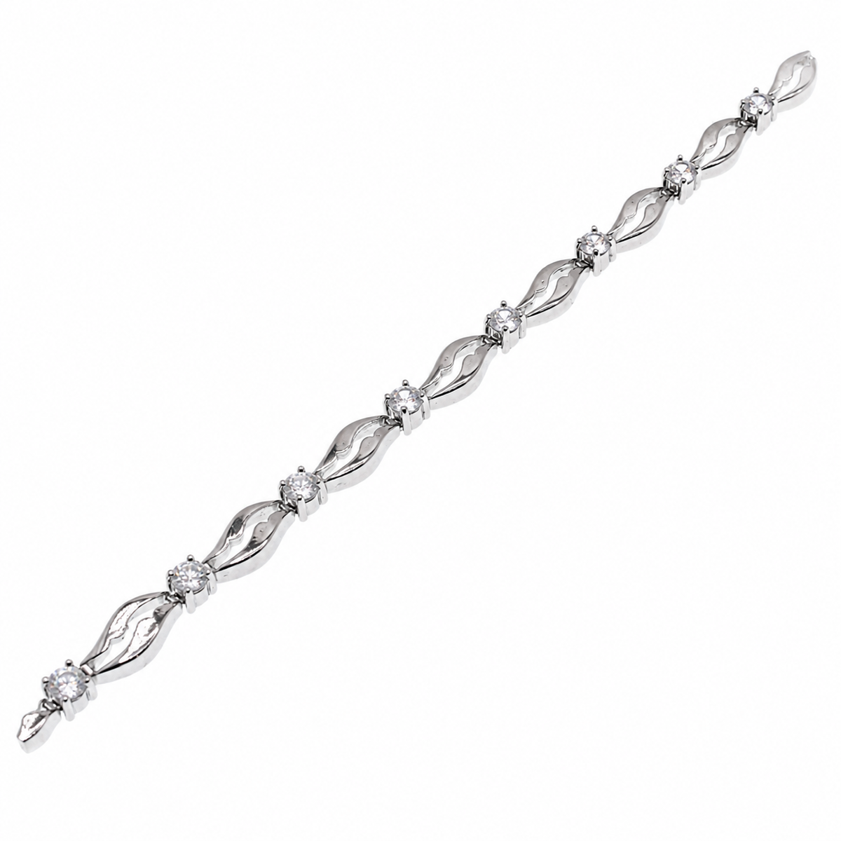 Rhodium Plated 925 Sterling Silver Wave Link Clear CZ Bracelet - STB00036