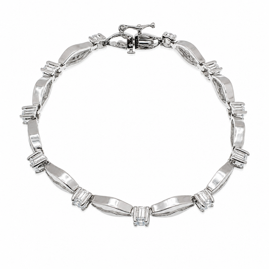 Rhodium Plated 925 Sterling Silver Wave Link Clear CZ Bracelet - STB00036