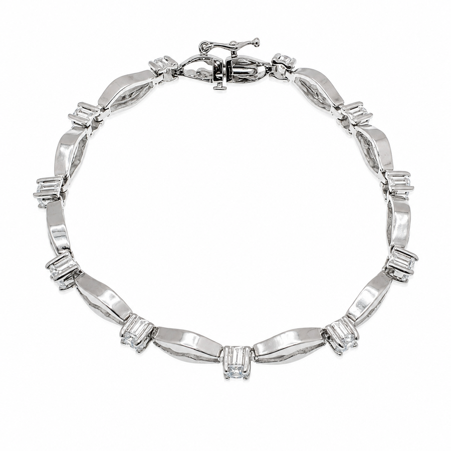 Rhodium Plated 925 Sterling Silver Wave Link Clear CZ Bracelet - STB00036