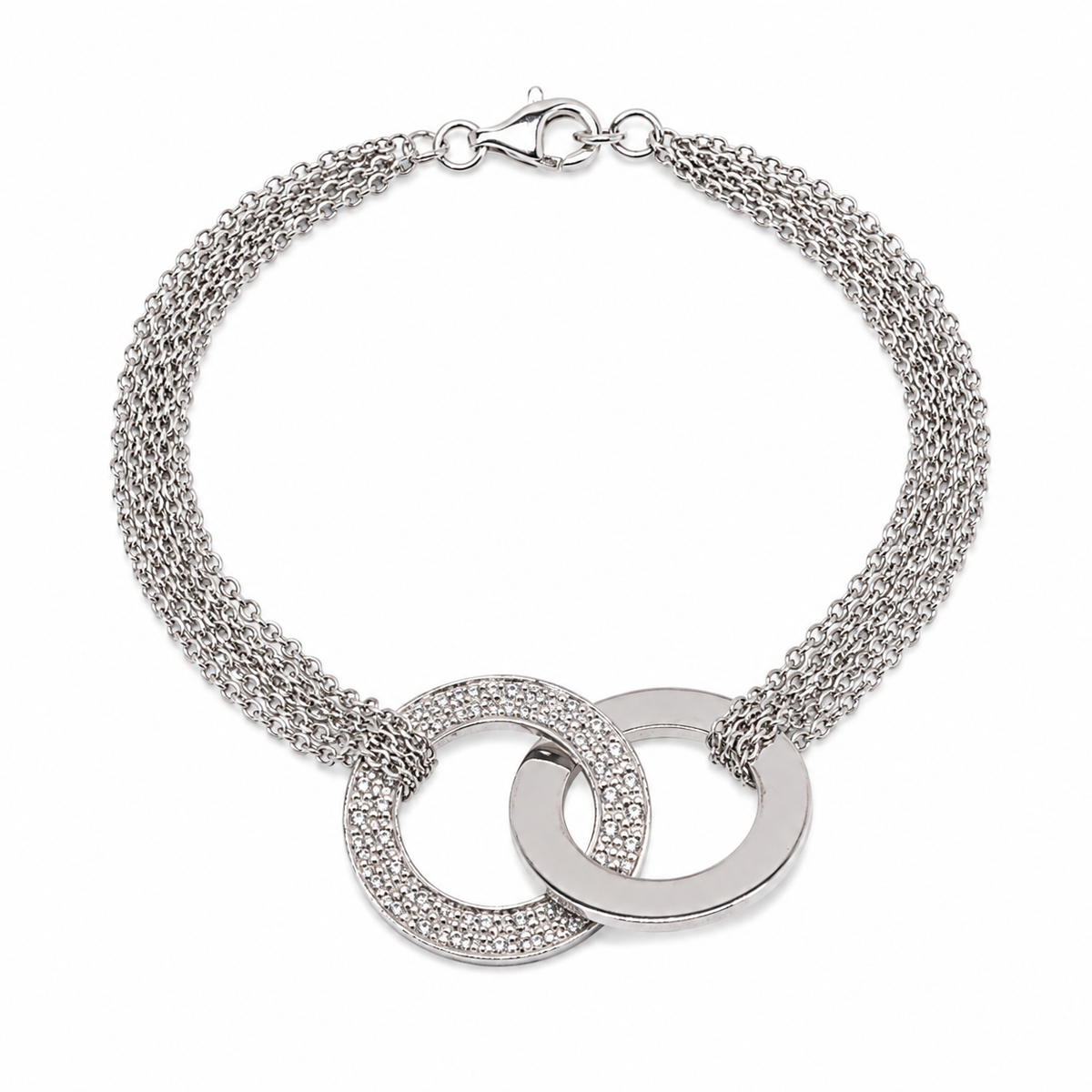 Clearance-Rhodium Plated 925 Silver Multi Strand & Interlocking CZ Circles Bracelet - STB00125