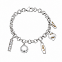 Clearance - Rhodium Plated 925 Sterling Silver CZ Bar and Ball Dangle Charm Bracelet - STB00128