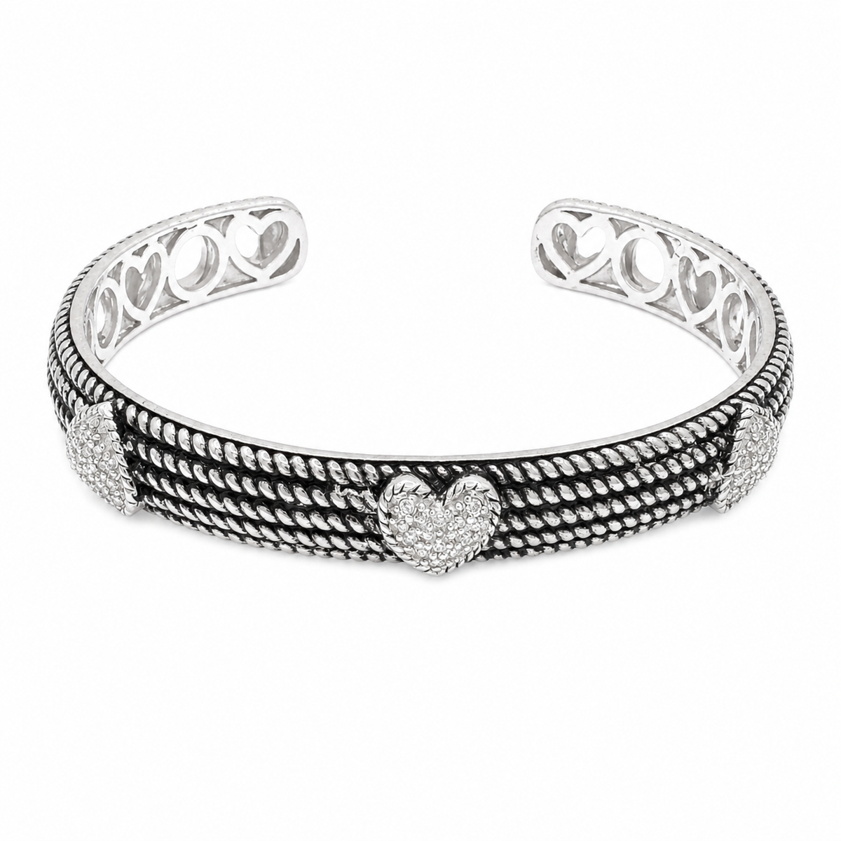 Clearance-Rhodium Plated 925 Silver Oxidized Textured CZ Heart Cuff Bangle Bracelet - STB00214