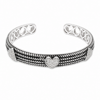 Clearance-Rhodium Plated 925 Silver Oxidized Textured CZ Heart Cuff Bangle Bracelet - STB00214