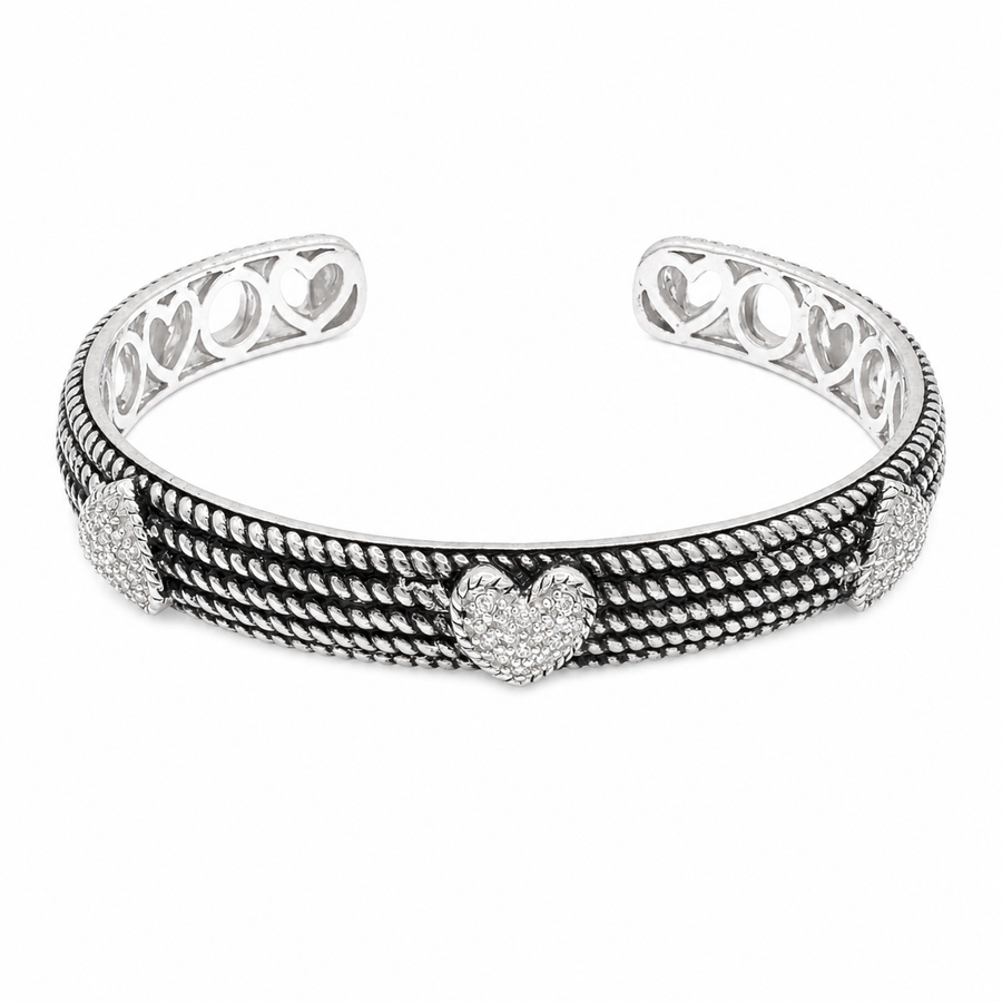 Clearance-Rhodium Plated 925 Silver Oxidized Textured CZ Heart Cuff Bangle Bracelet - STB00214