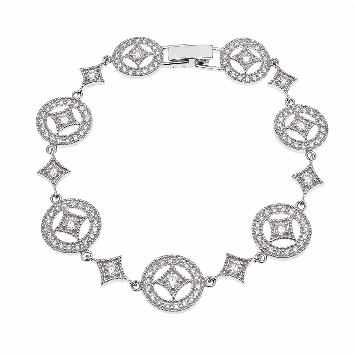 Clearance - Rhodium Plated 925 Silver Elegant Diamond and Circle CZ Bracelet- STB00265