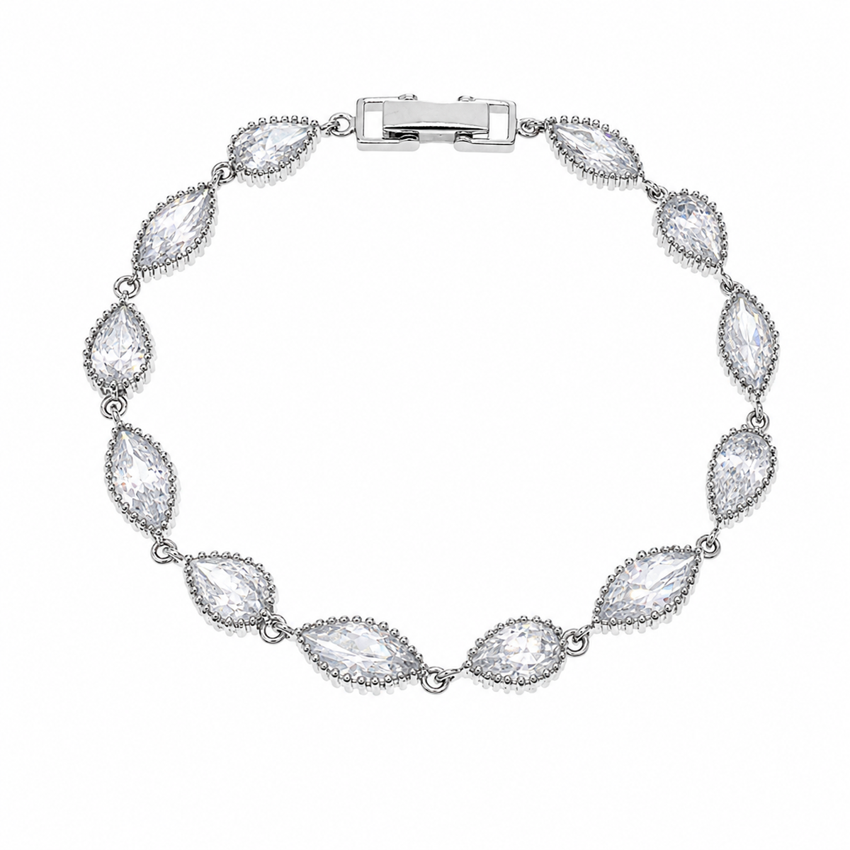 Clearance - Rhodium Plated 925 Sterling Silver  Ornate Marquise & Tear Drop CZ Tennis Bracelet - STB00277