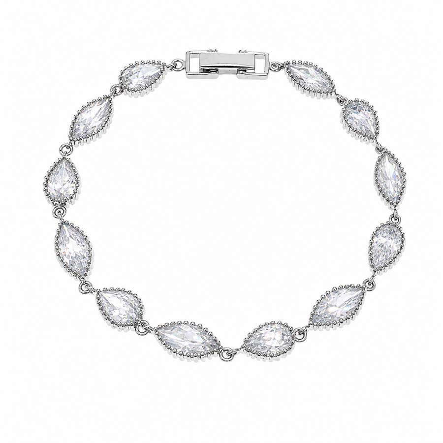 Clearance - Rhodium Plated 925 Sterling Silver  Ornate Marquise & Tear Drop CZ Tennis Bracelet - STB00277