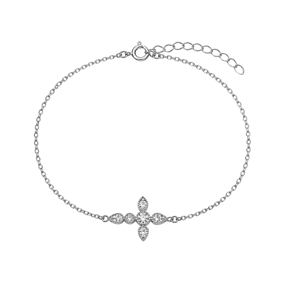 Rhodium Plated 925 Silver Dainty CZ Side Cross Bracelet - STB00628