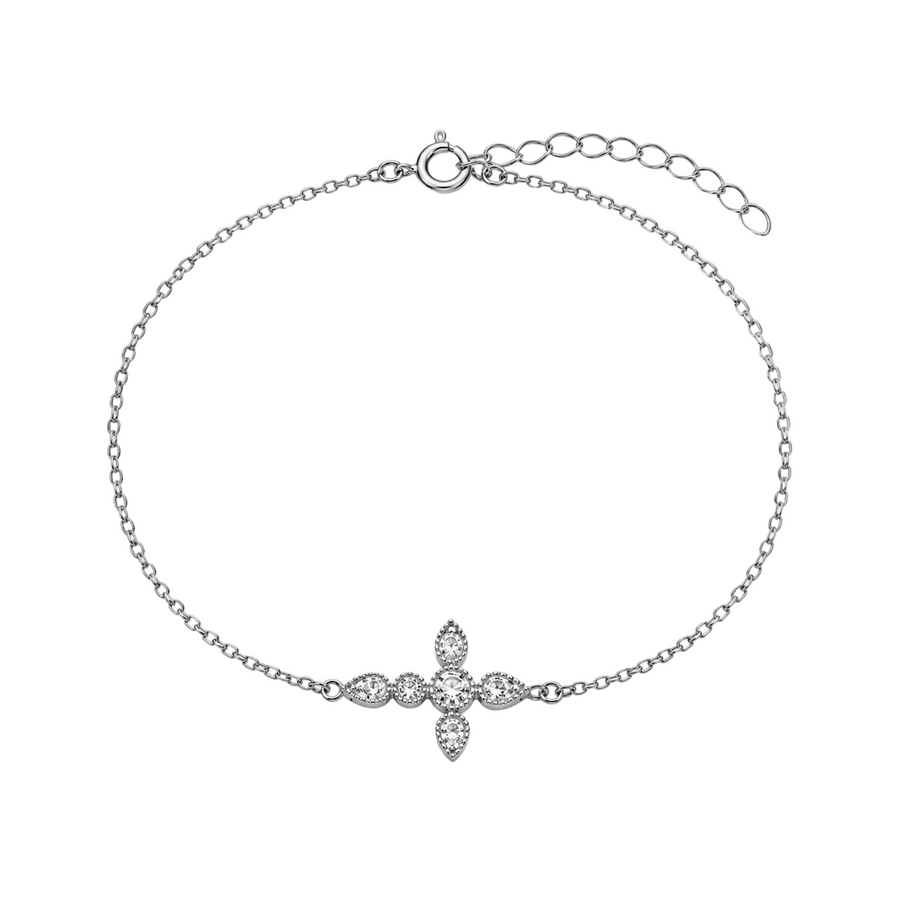 Rhodium Plated 925 Silver Dainty CZ Side Cross Bracelet - STB00628