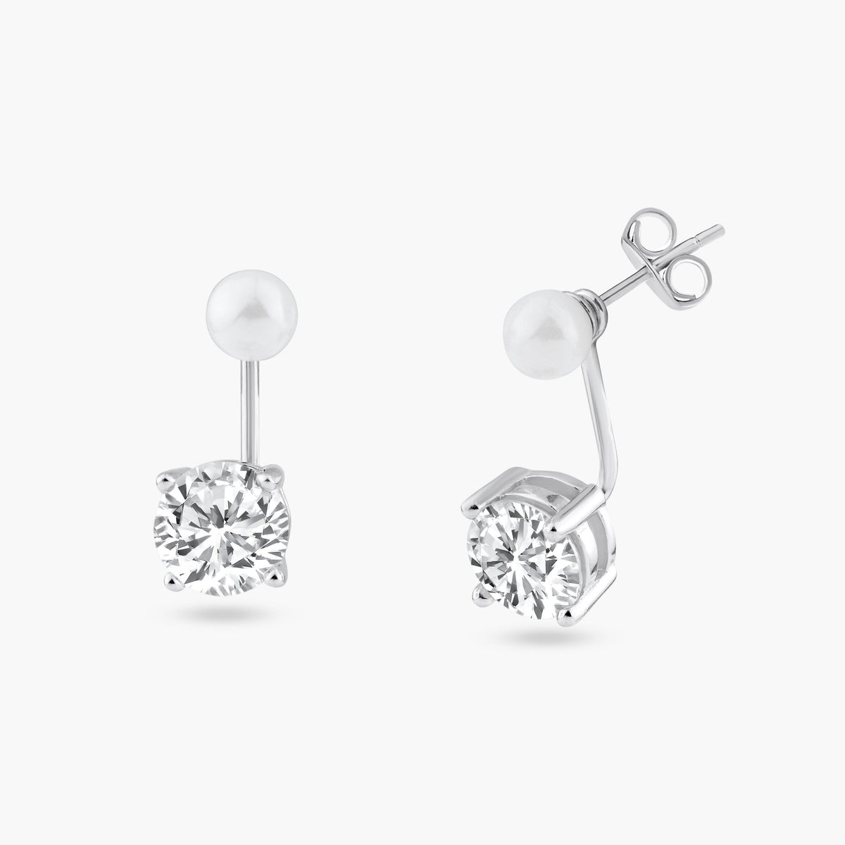 Silver 925 Rhodium Plated Pearl Front and Back Earrings - STE00990