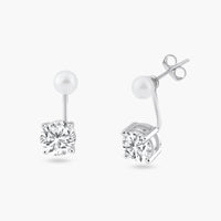 Silver 925 Rhodium Plated Pearl Front and Back Earrings - STE00990