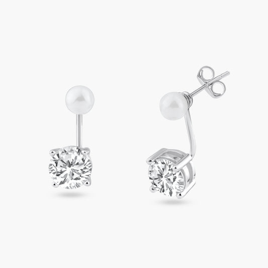 Silver 925 Rhodium Plated Pearl Front and Back Earrings - STE00990