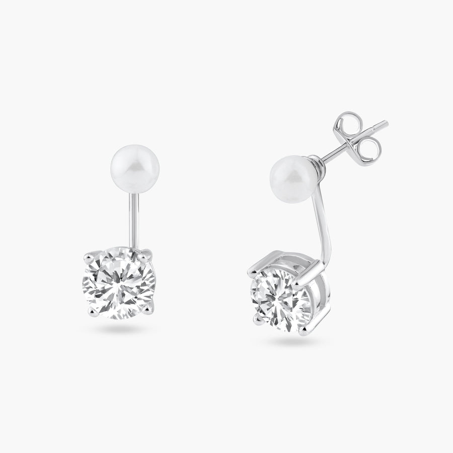 Silver 925 Rhodium Plated Pearl Front and Back Earrings - STE00990