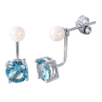 Rhodium Plated 925 Sterling Silver Pearl Light Blue Front and Back Earrings - STE00990MAR