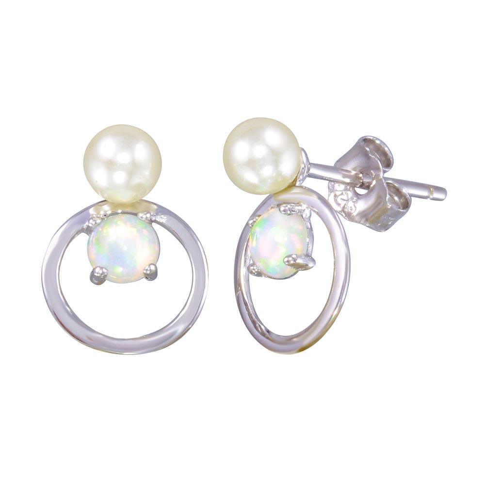 Rhodium Plated 925 Sterling Silver Open Circle Stud Earrings with Synthetic Pearl and Opal - STE01188