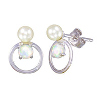 Rhodium Plated 925 Sterling Silver Open Circle Stud Earrings with Synthetic Pearl and Opal - STE01188