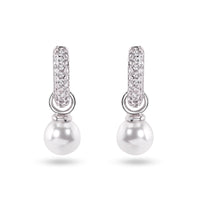 Sterling Silver Rhodium Plated Dangling Pearl Clear CZ Hoop Earrings - STE01373