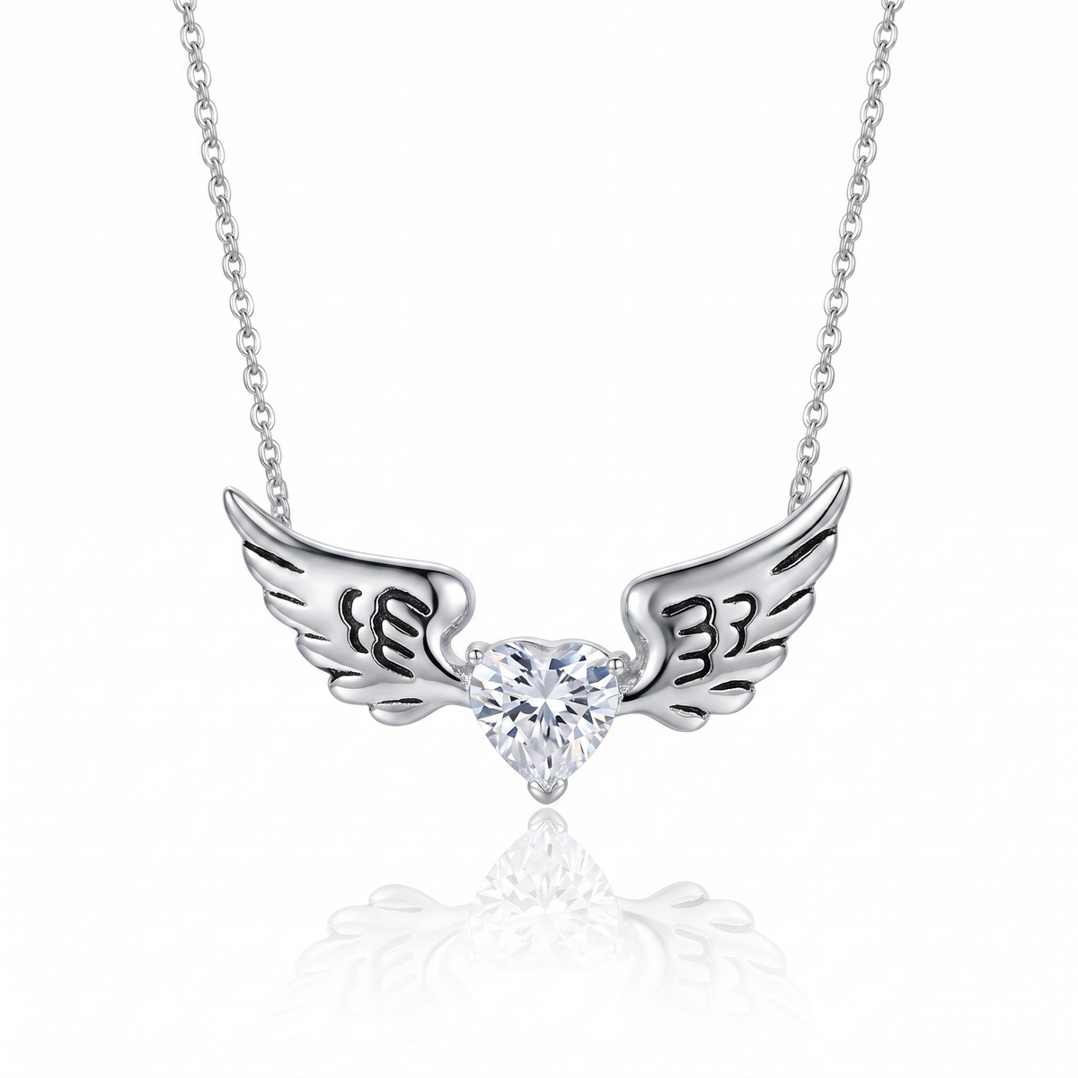 Rhodium Plated 925 Sterling Silver Winged CZ Heart Pendant Necklace - STP00542