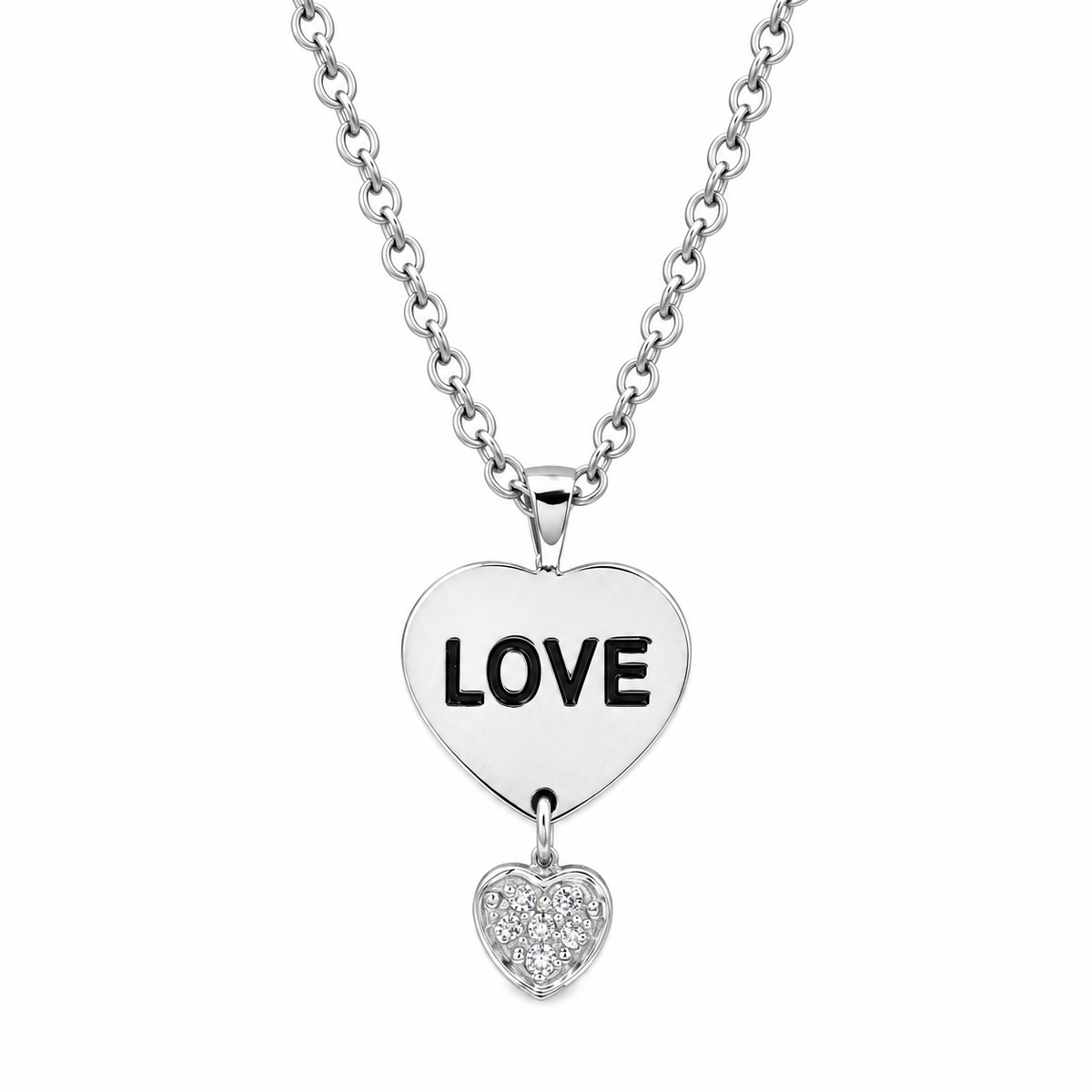 Clearance - Rhodium Plated 925 Sterling Silver Clear CZ Heart Love Pendant Necklace - STP00693