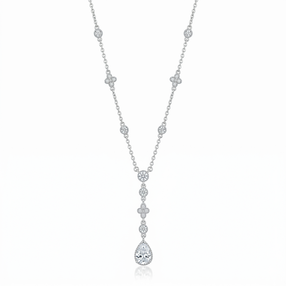 Rhodium Plated 925 Sterling Silver Bezel & Teardrop Dangle Necklace - STP00911