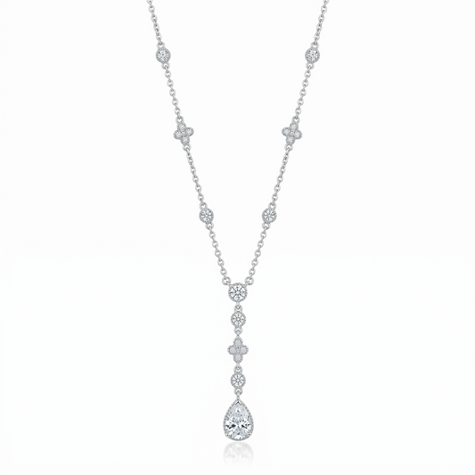 Rhodium Plated 925 Sterling Silver Bezel & Teardrop Dangle Necklace - STP00911