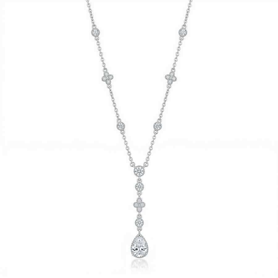 Rhodium Plated 925 Sterling Silver Bezel & Teardrop Dangle Necklace - STP00911