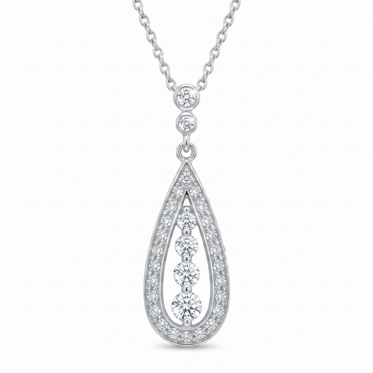 Rhodium Plated 925 Strling Silver CZ Teardrop Dangle Pendant Necklace - STP00942