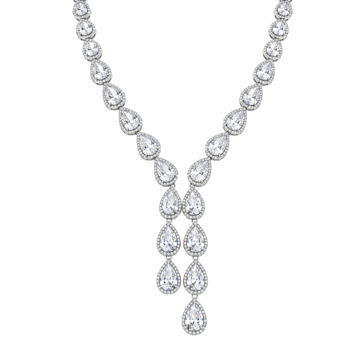 Rhodium Plated 925 Sterling Silver CZ Tear Drop Dangle Bridal Necklace - STP01839