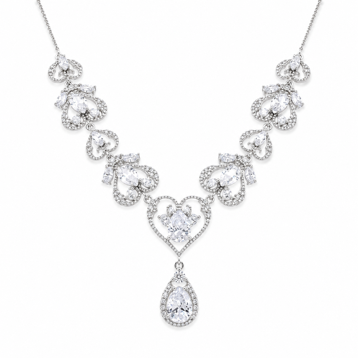 Rhodium Plated 925 Sterling Silver Victorian Hearts Teardrop Clear CZ Bridal Necklace - STP01841