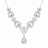 Rhodium Plated 925 Sterling Silver Victorian Hearts Teardrop Clear CZ Bridal Necklace - STP01841