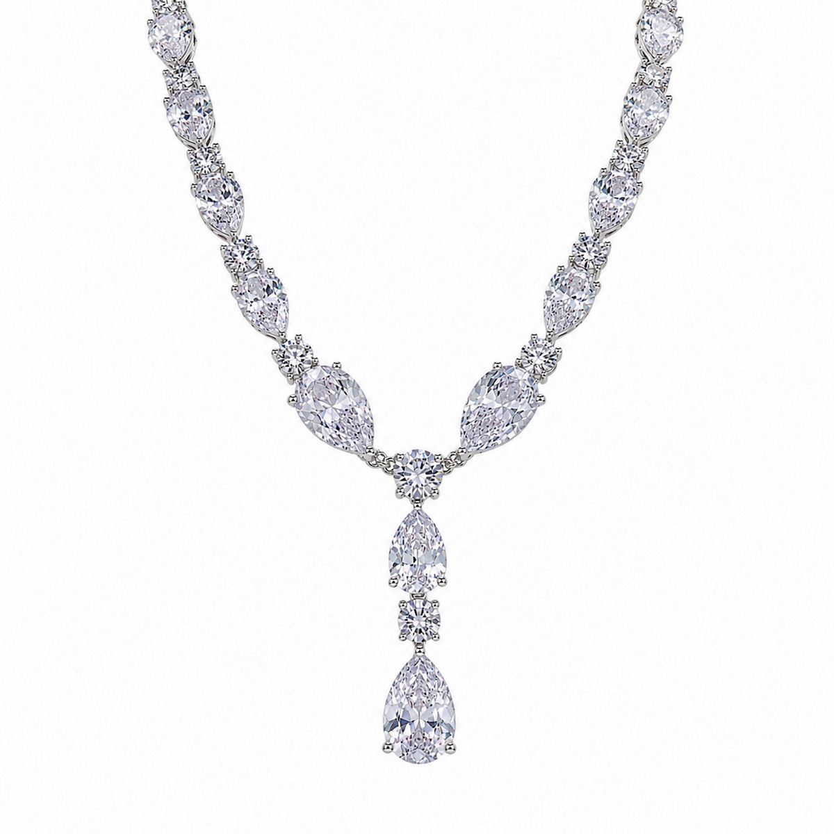Rhodium Plated 925 Sterling Silver CZ Chunky Tear Drop Bridal Necklace- STP01850